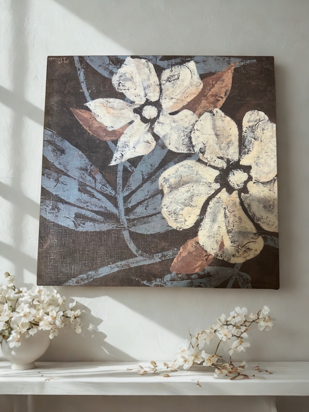 Wall Art Floral Canvas in Cream and Blue by